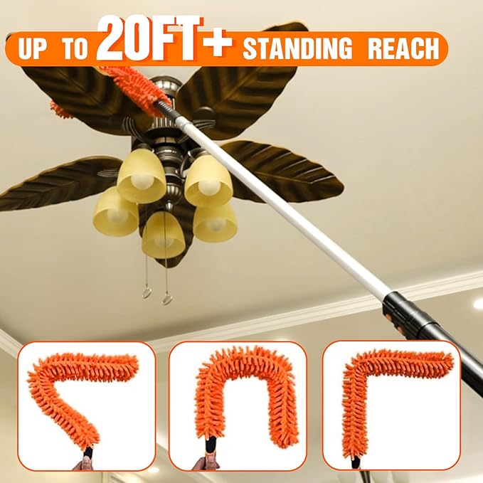 LAANPOLE 26FT Reach Ceiling Fan Cleaner Duster, Fan Blade Cleaner Kit with 5-20FT Extension Pole, Microfiber Duster & Replaceable Cleaning Cloth for Blades, Ceiling, Furniture