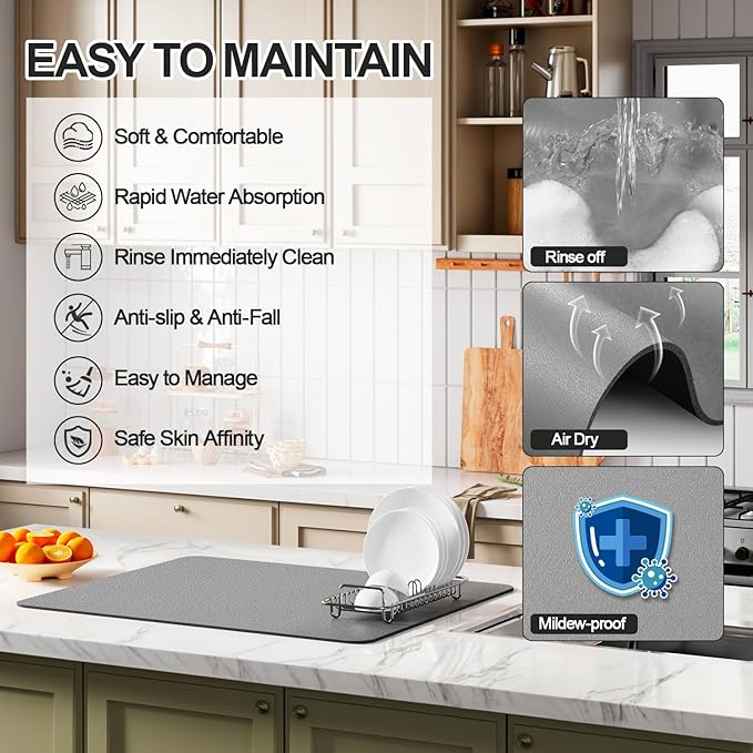 Ecotrim - Dish Drying Mat for Kitchen Counter | Coffee Bar Mat for Countertops | Heat Resistant Drainer Mat with Non-slip Rubber Backed | Hide Stain Kitchen Absorbent Draining Mat | Grey 16"x18"
