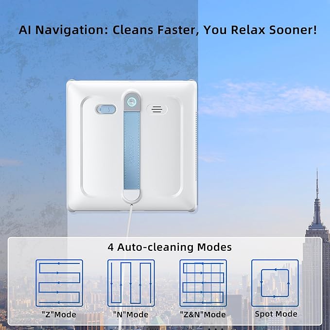 Window Cleaning Robot - Patented DualFore Tech, Turbo Roller Brush + Microfiber Pad Combo Cleaning, 6 Wide-Angle Spray Nozzles, AI Nav, Multi-Layer Safety, App/Remote Control