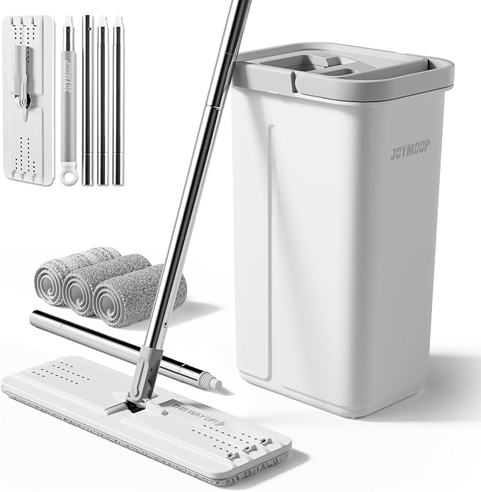 JOYMOOP Mops and Bucket with Wringer Set with 61" Mop Handle with Flexible 13" Flat Head with Flat Mop