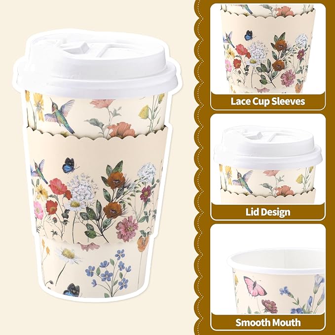 60 Pack Vintage Floral Coffee Cup with Lids Sleeves, 12oz Spring Insulated To Go Coffee Cup Tea Party Cups Disposable Wildflower Paper Cups for Birthday Garden Wedding Baby Bridal Shower Supplies