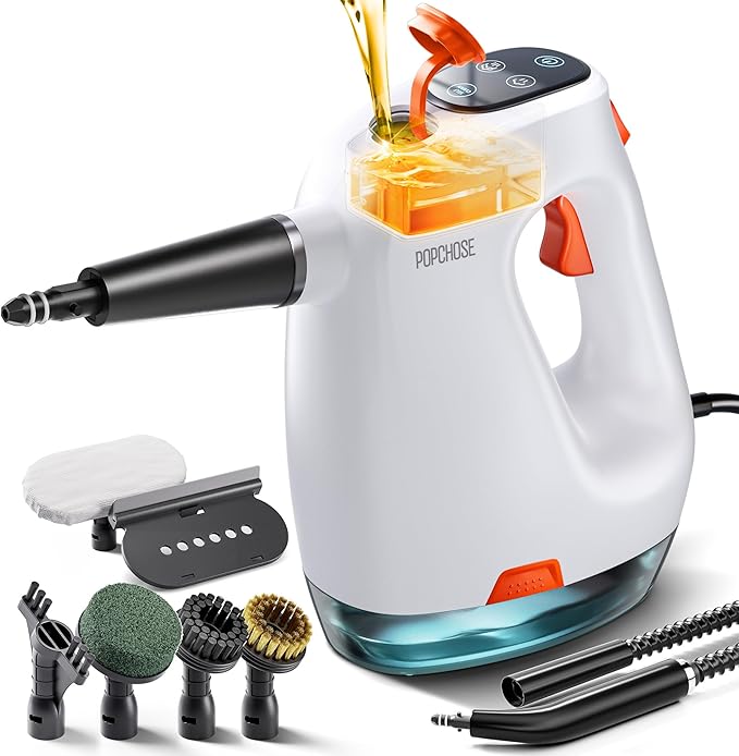 POPCHOSE Steam Cleaner with Detergent Dispenser, 15s Heat-Up Handheld Steam Cleaner for Home, 500ml Removable Water Tank, Lightweight Portable Steamer for Cleaning Grout, Windows, Kitchen, Easy Refill