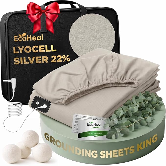 Luxury Lyocell Grounding Sheets 22% Silver Fiber, 74% Cooling Lyocell, 4% Silk, Quality Certified - Conductive Earth Fitted Sheet 15" Deep w/Wash Bag & Wool Dryer Balls (Beige, Queen)