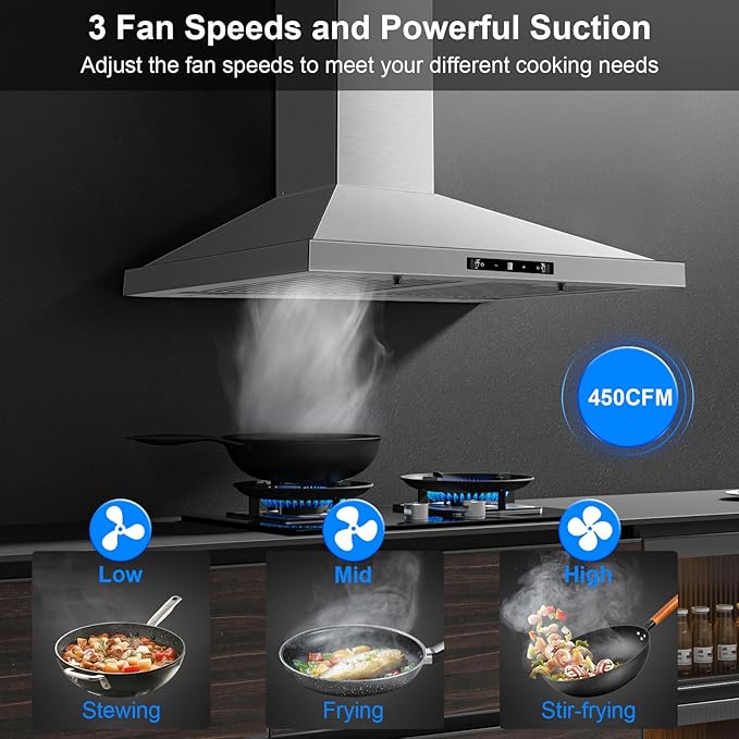 Wall Mount Range Hood 30 inch, Ducted/Ductless Range Hood with Gesture Sensing & Touch Control, Kitchen Hood 30 inch 450CFM, Vent Hood w/Stainless Steel Baffle Filters, 3 Speed Fan