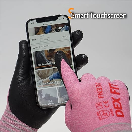 DEX FIT Nitrile Work Gloves FN330, 3 Pairs, 3D-Comfort Stretchy Fit, Firm Grip, Thin & Lightweight, Touch-Screen Compatible, Durable, Breathable & Cool, Machine Washable; Pink M (8)