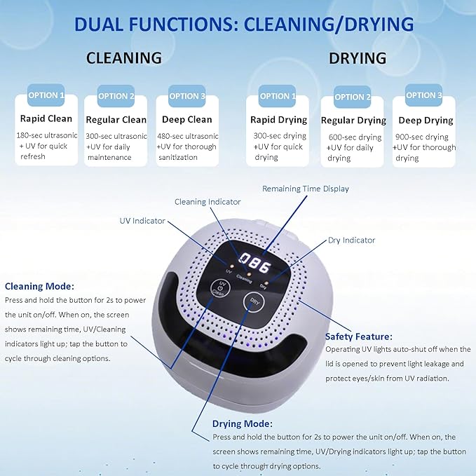 2025 Upgraded Ultrasonic Retainer Cleaner with Dryer Fan, 45kHz UV Ultrasonic Dental Cleaning Pod, Retainer Cleaner Machine for Dentures, Aligners, Mouth, Night Guards & Jewelry (White)