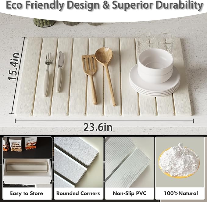 Stone dish drying mats for kitchen counter ，large 23.6"L x 15.4"W foldable diatomite dish stone drying mat, quick dry extra fast absorbent roll up rack, White/Black foldable stone dish drying mat