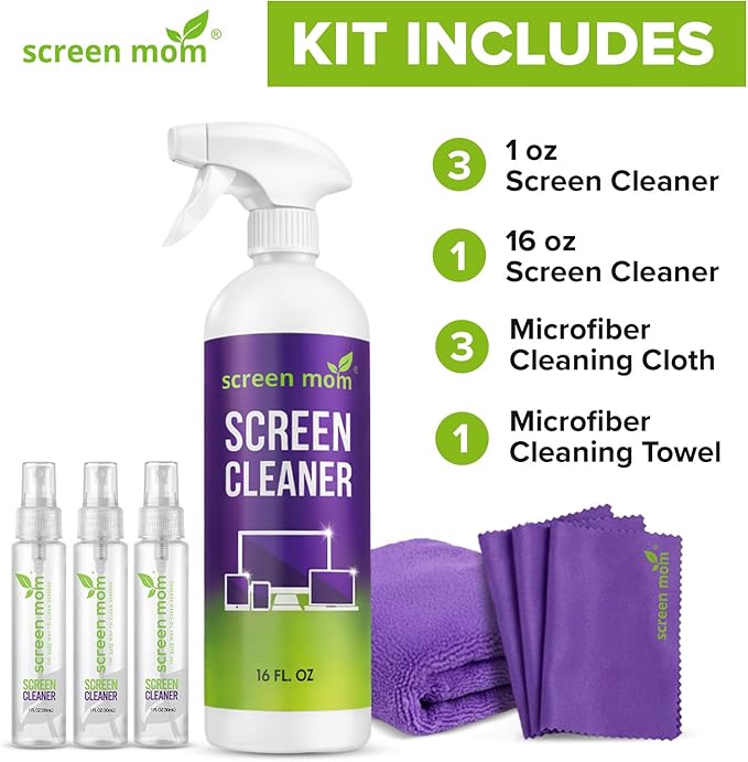 Screen Mom Ultimate Cleaning Kit - 16oz & 3 Pack 1 Oz TV Screen Cleaner Spray with Microfiber Cloth, Monitor Spray Cleaners Wipes Set for TV, Laptop, Car, Phone, iPad, Computer Cleaning Kit
