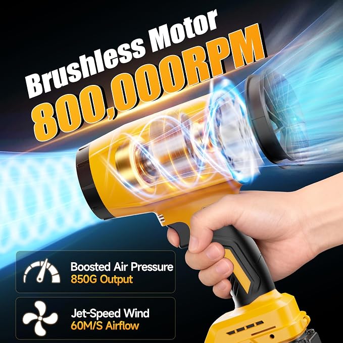 Cordless Leaf Blower Compatible with DeWalt 20V Battery (Tool Only), 800,000 RPM Brushless Turbo Jet Blower up to 60m/s Airflow, Lightweight 1.5 lbs Handheld Dust Blower for Patio, Lawn & Garage