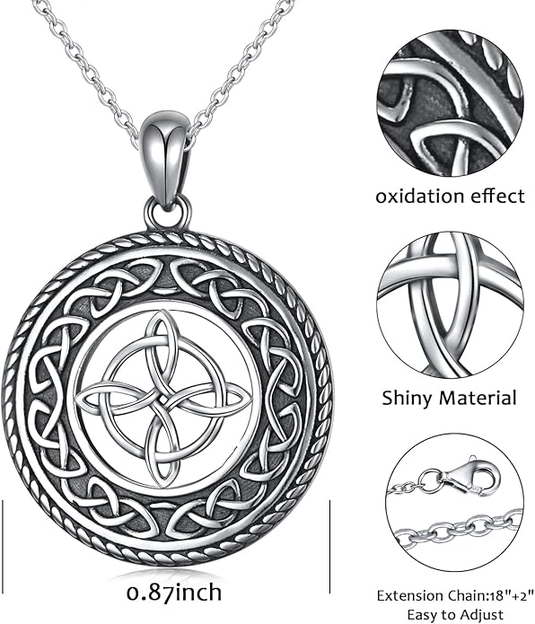 DAOCHONG 925 Sterling Silver Jewelry Oxidized Good Luck Irish Knot Celtic Medallion Round Pendant Necklace, 20 inch