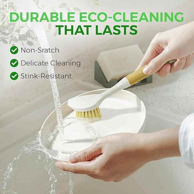 AIRNEX Bamboo Dish Brushes & Coconut Husk Scouring Pads – Eco-Friendly, Odor Free & Non-Scratch Cleaning for Dishes, Pots, Pans, and Sink – 2 Sisal Brushes & 12 Heavy-Duty Scrub Pads