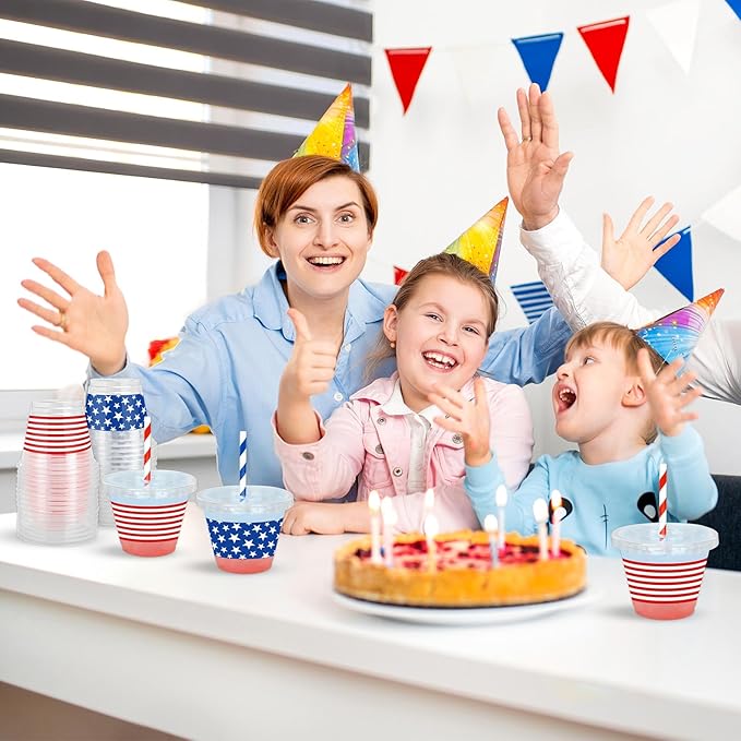 Whaline 100 Pcs 9Oz Patriotic Disposable Plastic Cups with Lids and Straws Red Blue 4th of July Star Stripe Cold Beverage Drinking Cups for Independence Day 250th Anniversary Party Supplies