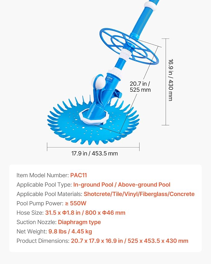VEVOR Suction Pool Cleaner, Automatic Pool Vacuum Cleaner, Suction Side Automatic Pool Cleaner, Suction Vacuum Pool Sweeper with 12 Hoses, for In-ground Pool and Above-Ground Pool Up to 20 x 35 ft