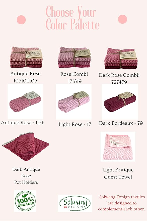 Solwang 3-Piece Danish Cotton Dishcloths in 100% Certified Organic Cotton Made in India (Rose Organic Combi), 619317045637