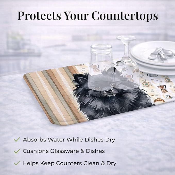 Caroline's Treasures Black Pomeranian Coffee Bar Dish Drying Mat Absorbent Dish Drying Mat Pad for Kitchen Counter Dish Drainer Mat for Countertop, 14 x 21", Multicolor