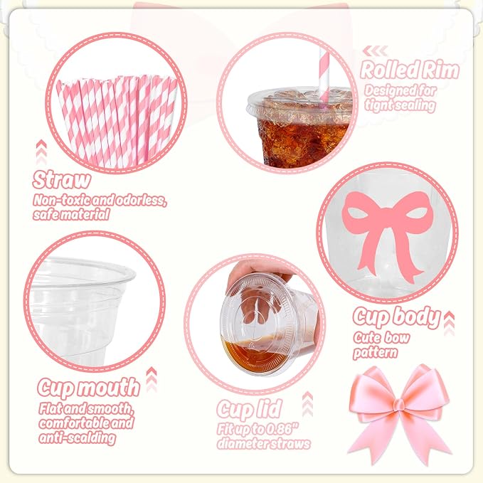 Whaline 50 Pcs Pink Bow Disposable Plastic Cups with Lids and Straws 12 Oz Lovely Bowknot Cold Beverage Drinking Cups for Wedding Birthday Bridal Baby Shower Party Supplies
