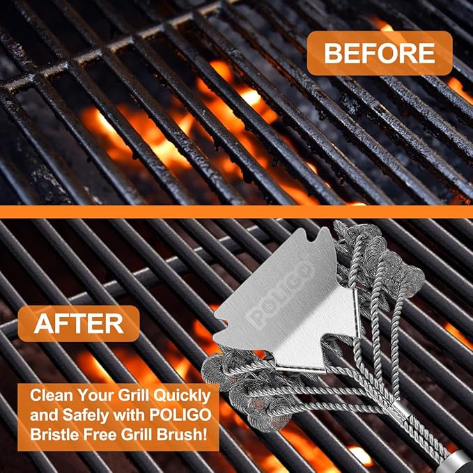 POLIGO 18" Safe Grill Brush and Scraper Bristle Free for All Grills Bundle with 7PCS Golf-Club Style Grill Accessories Set with Rubber Handle - Grilling Set Ideal Christmas Birthday Gifts for Men Dad