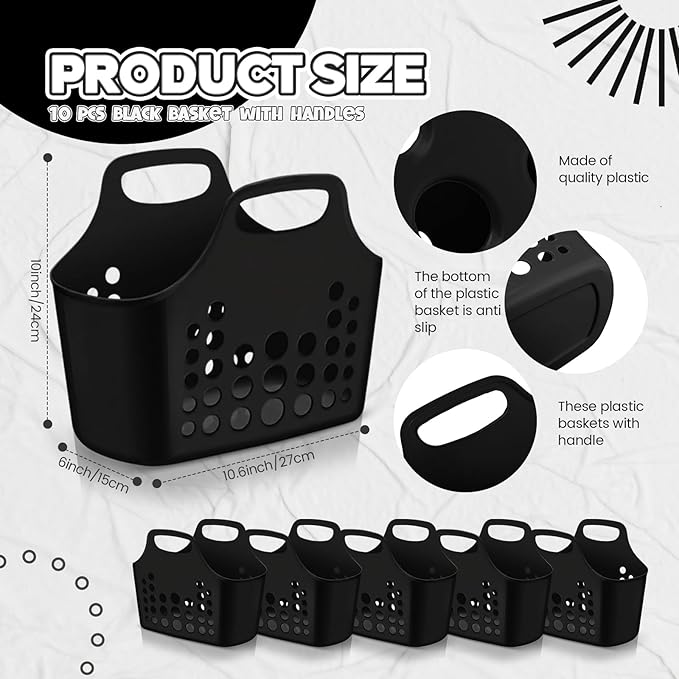 Nuogo 10 Pack Black Basket with Handles Plastic Oval Carry Totes with Handles Caddy Multipurpose Organizer Reusable for Bathroom Dorm Communal Showers Kitchen School, 10.6" x 6" x 10"