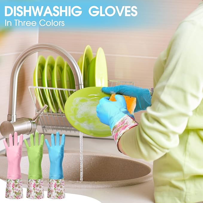 Mimorou 9 Pairs Household Dishwashing Rubber Gloves Long Cuff and Flock Lining Cleaning Gloves Reusable Waterproof