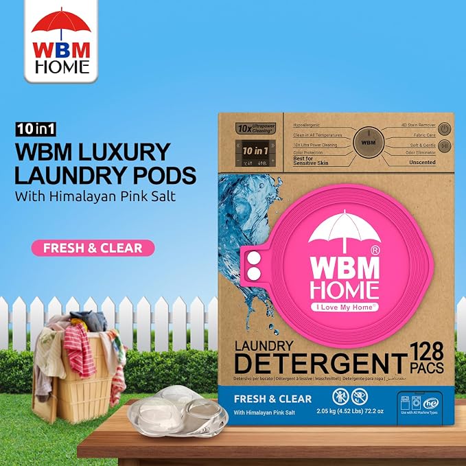 WBM Laundry Detergent Pods, 128 Count | Fresh & Clear Unscented | Laundry Pods 10x Ultrapower Cleaning With Color Protection and Eco-Friendly Packaging
