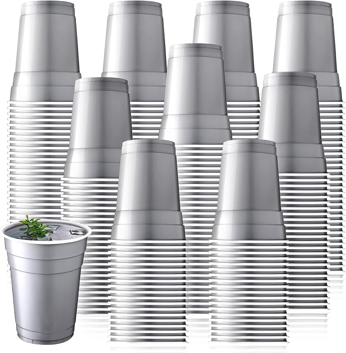 Dandat 200 Pcs 18 oz Plastic Disposable Cups Bulk Heavy Duty Large Cold/Hot Drinking Cups Disposable Container for Beverages Water Wedding Birthday Graduation Ceremonies Party BBQ Picnics, Silver