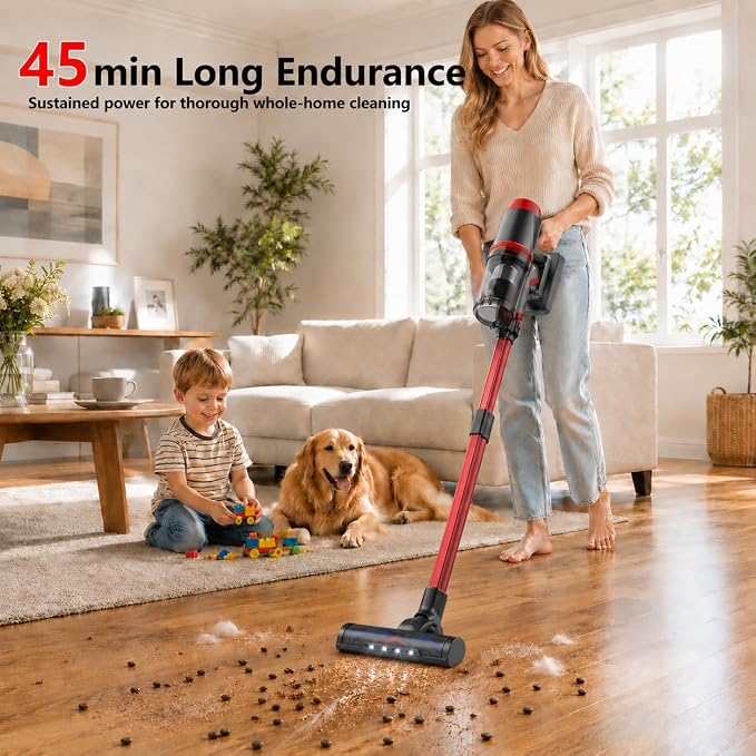 Cordless Stick Vacuum Cleaner, Powerful Suction Anti-Tangle Brush Vacuum with LED Headlight, Lightweight Vacuum Cleaner for Hardwood Floor Carpet Pet Hair (Red)