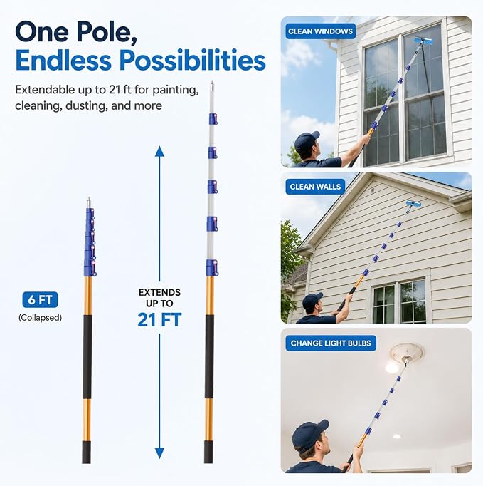 28 FT Exterior House Cleaning Brush Set with 6-21 Foot Telescoping Extension Pole, Soft Scrub Car Wash Brush, Medium Bristle Cleaning Brush and Window Squeegee & Washer