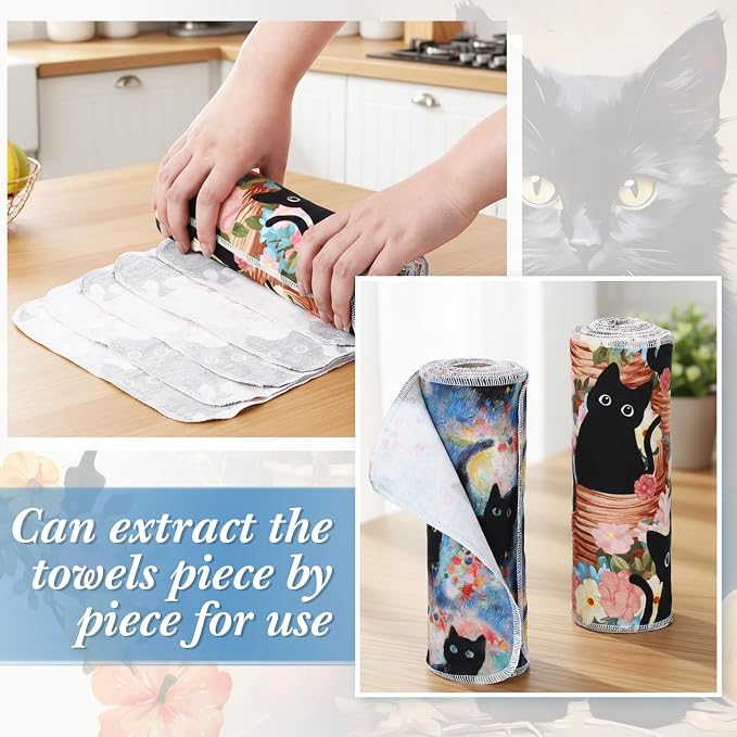 Redbaker 50 Pcs Reusable Paper Towels Paperless Reusable Cotton Cloths Toilet Absorbent Washable Paper Towels with Roll Kitchen Dishcloth for Kitchen Paperless Dishcloths (Black Cat)
