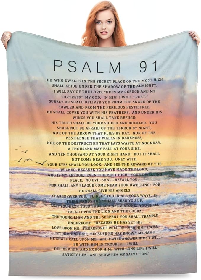 Psalm 91 Blanket Christian Gifts Religious Bible Verse Scripture Throw Blanket Comfy Plush Flannel Fleece Warm Soft Fluffy Fuzzy Blanket for Prayer Women Teens for Bed Sofa Couch 40"X50"