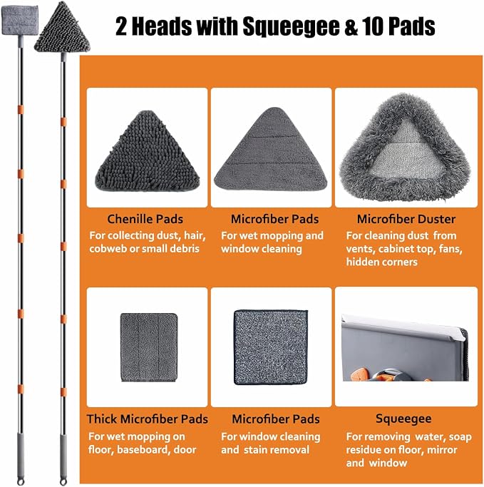 Upgraded Wall Cleaner Mop & Baseboard Cleaning Tool with 98" Long Handle, Duster Mop for Painted Wall, Ceilings, Windows, Floor, 2-in-1 Triangle & Rectangle Head with Squeegee, 10 Washable Pads