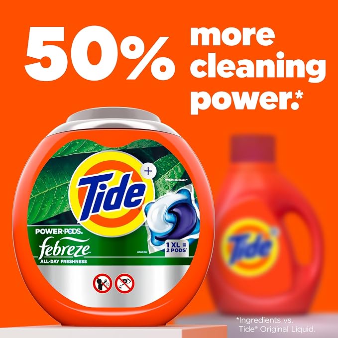 Tide Power Pods with Febreze Laundry Detergent Pacs, 63 Count, Botanical Rain Scent, All-Day Freshness