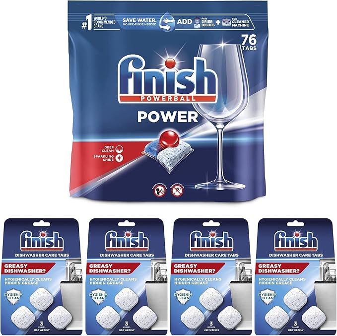 Set: Finish Power - 76ct - Dishwasher Detergent - Powerball - Dishwashing Tablets - Dish Tabs & Finish In-Wash Dishwasher Cleaner: Clean Hidden Grease and Grime, 3 Count (Pack of 4)