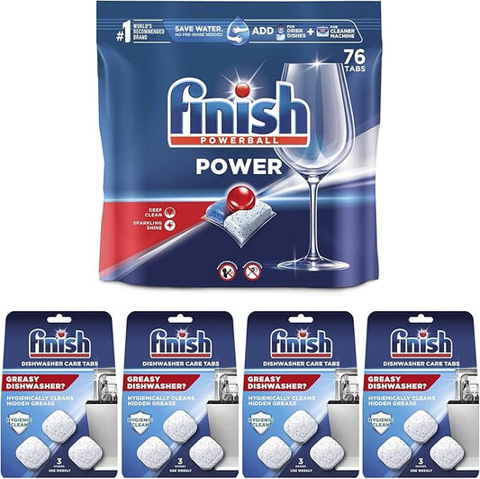 Set: Finish Power - 76ct - Dishwasher Detergent - Powerball - Dishwashing Tablets - Dish Tabs & Finish In-Wash Dishwasher Cleaner: Clean Hidden Grease and Grime, 3 Count (Pack of 4)