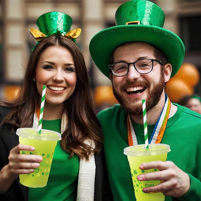 JarThenaAMCS 50Pcs St. Patrick's Day Plastic Cups with Lids and Straws 12oz Disposable Shamrock Drinking Cups Green Lucky Clover Cold Beverage Cups for Irish Holiday Beer Party Supplies