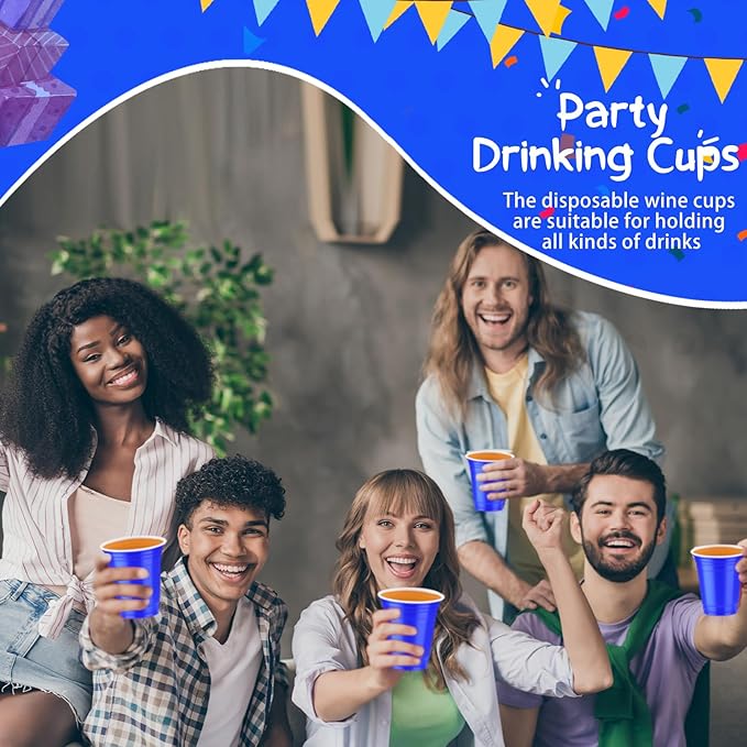 Sabary 100 Pack 12oz Blue Plastic Cups 250th Anniversary Heavy Duty Drinking Disposable Cups with Lines for Beverage USA Patriotic Holiday Camping Barbecues Birthday Party Outdoor Picnic