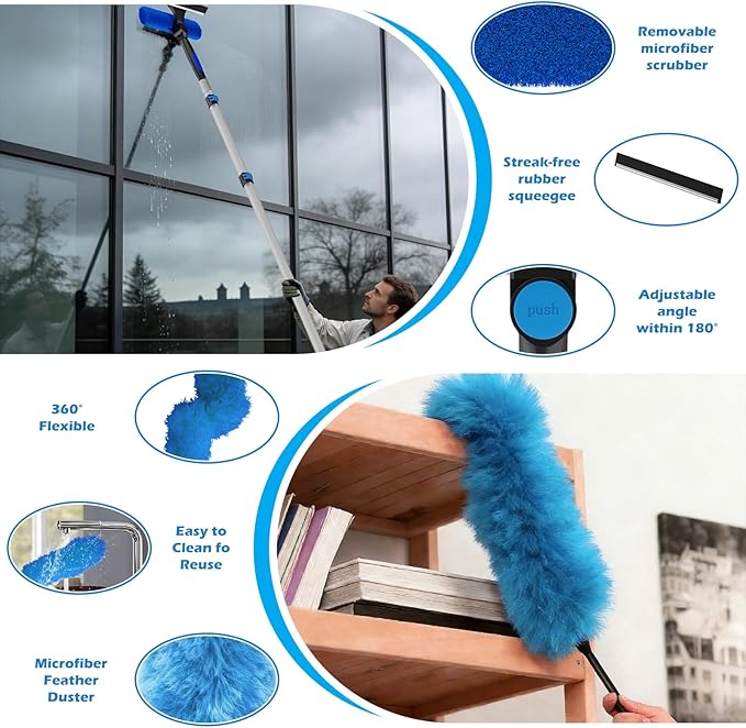 16FT Reach High Ceiling Duster Kits with 3-12FT Adjustable Pole - Includes Extra Long Duster, High Ceiling Duster, Rotatable Window Squeegee & Cobweb Duster for Ceiling Fans and Whole House Cleaning