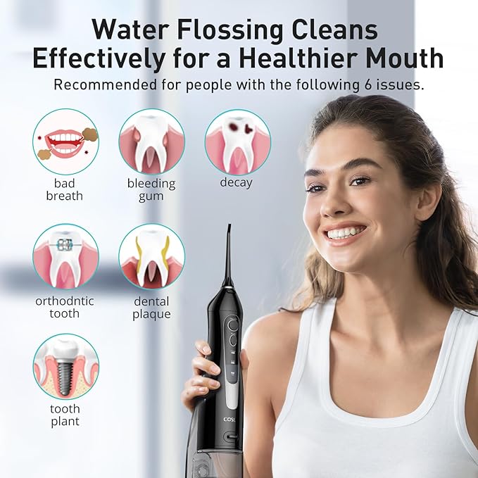 COSLUS Water Dental Flosser Teeth Pick C20: Portable Cordless Oral Irrigator 300ML Rechargeable Travel Irrigation Cleaner IPX7 Waterproof Electric Flossing Machine for Teeth Cleaning, Black
