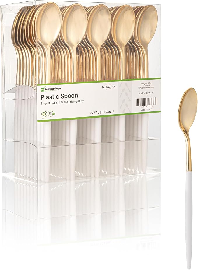 Restaurantware-Moderna 7.75 Inch Fancy Flatware, 50 Durable Plastic Flatware - With White Handle For Grip, Heavy-duty, Gold Plastic Spoons, Easily Disposable Or Restaurants