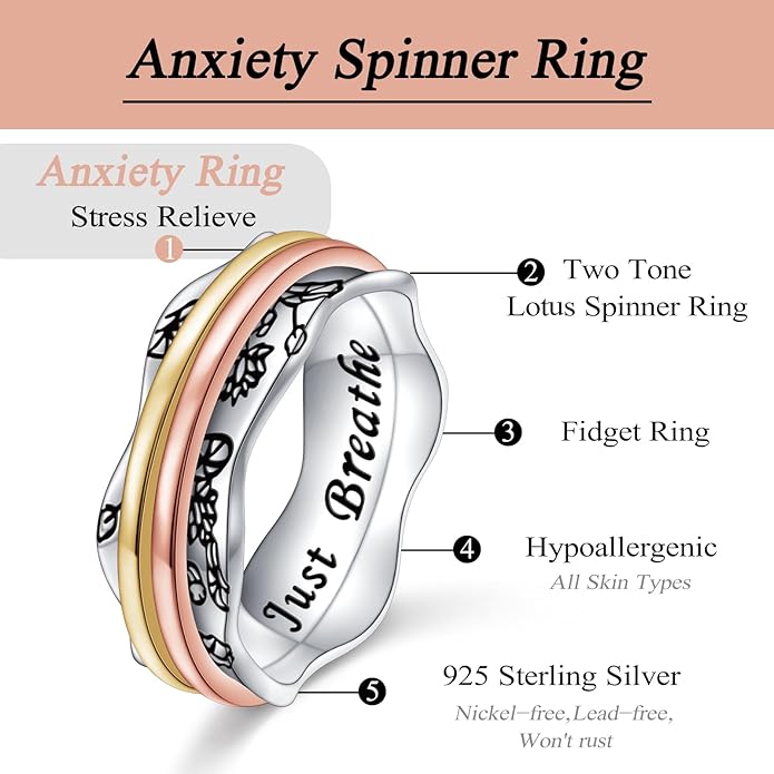 Ladytree Spinner Fidget Anxiety Ring,925 Sterling Silver Stress Relief Worry Ring,Platinum Plated ADHD Autism Jewelry,Birthday Mom Gift for Women