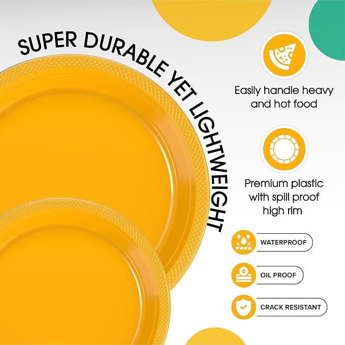 Exquisite Party Solids Yellow Plates Disposable Yellow Plastic Plates 100 Pieces - 50-7" & 50-9" Heavy Duty 350 GSM Disposable Dinnerware Sets, Plastic Dinnerware Sets