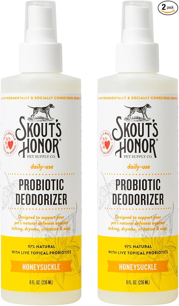 SKOUT'S HONOR Probiotic Pet Deodorizer Spray- Hydrating Daily-Use with Avocado Oil & Omega-3s, Microbiome Friendly Certiified, Paraben & Sulfate-Free, 97% Natural, 8oz, Honeysuckle, 2-Pack
