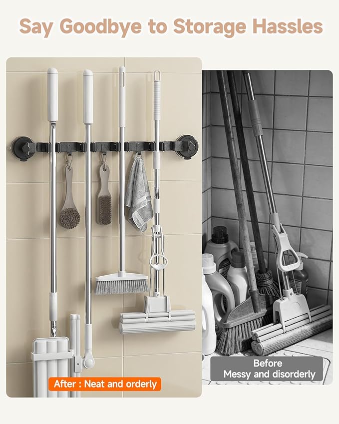 2026 Upgrade Broom Holder Wall Mount with Suction Cup, Broom and Mop Organizer Wall Hanging with 4 Racks & 3 Hooks, Removable and Reusable, Mop and Broom Hanger for Home Kitchen Laundry