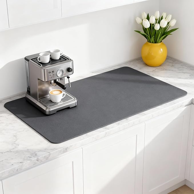 Dish Drying Mat Super Absorbent – 17" x 31" Coffee Mat for Countertops – Non-Slip Drying Mat for Kitchen Counter – Easy to Clean Water Absorbent Mat – XLarge Dish Drying Mats (Dark Gray)