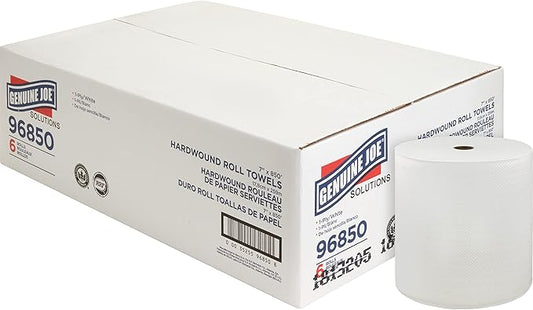 Genuine Joe Hardwound Roll Towels, White, 7" x 850', 6 Count
