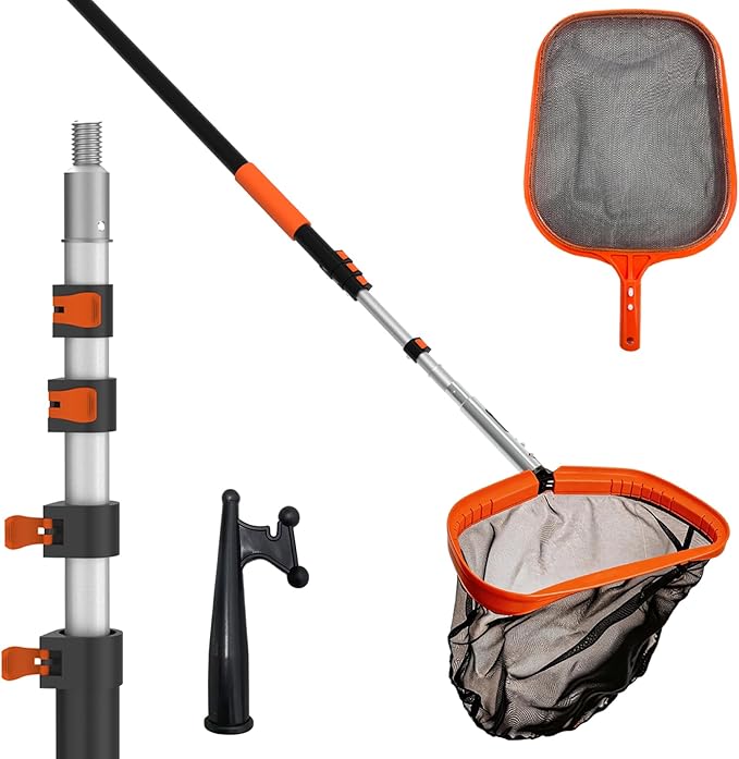 LAANPOLE 4-in-1 Pool Skimmer Net with Pole, Heavy Duty Pool Net and Fine Mesh Leaf Skimmer Net for Above Ground Pool, 12FT Telescopic Pool Pole with Professional Pool Net and Pool Hook for Cleaning