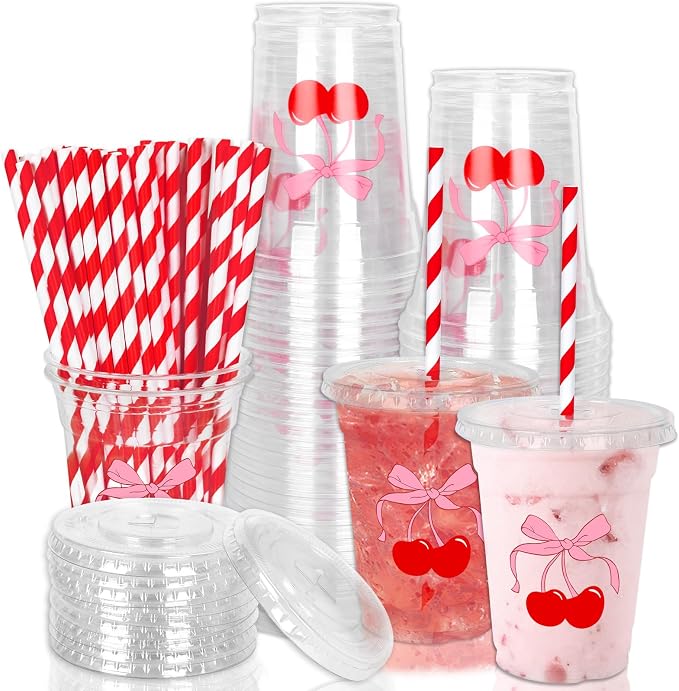 Whaline 50Pcs Cherry Bow Disposable Plastic Cups with Lids and Straws 12Oz Red Pink Cherry Bowknot Cold Beverage Drinking Cups for Wedding Birthday Baby Shower Party Supplies