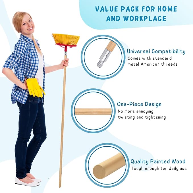 KeFanta Push Broom Handle with Metal Threaded End, 57'' Wooden Stick Pole for Home and Commercial Floor Cleaning, 1" Diameter Heavy Duty Handle for Broom and Mops, Pack of 10