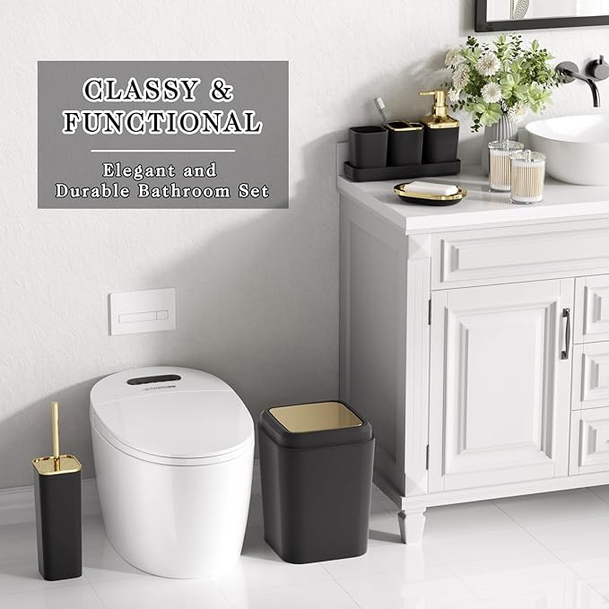 XLHOMO Black Bathroom Accessories Set, Black and Gold Bathroom Accessories with Trash Can, Tray, Soap Dispenser, Soap Dish, Toothbrush Holder, Toothbrush Cup,Toilet Brush and Qtip Holders