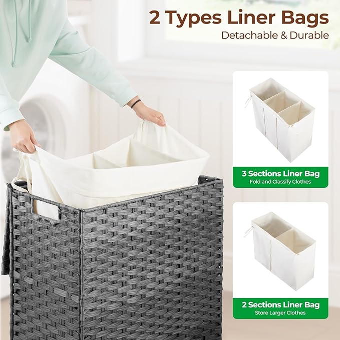 Greenstell Laundry Hamper with Lid, 125L Wicker Laundry Baskets with 2 Removable Liner Bags & 5 Mesh Laundry Bags, Handwoven Rattan Clothes Hamper with Handles for Clothes in Bathroom, Bedroom