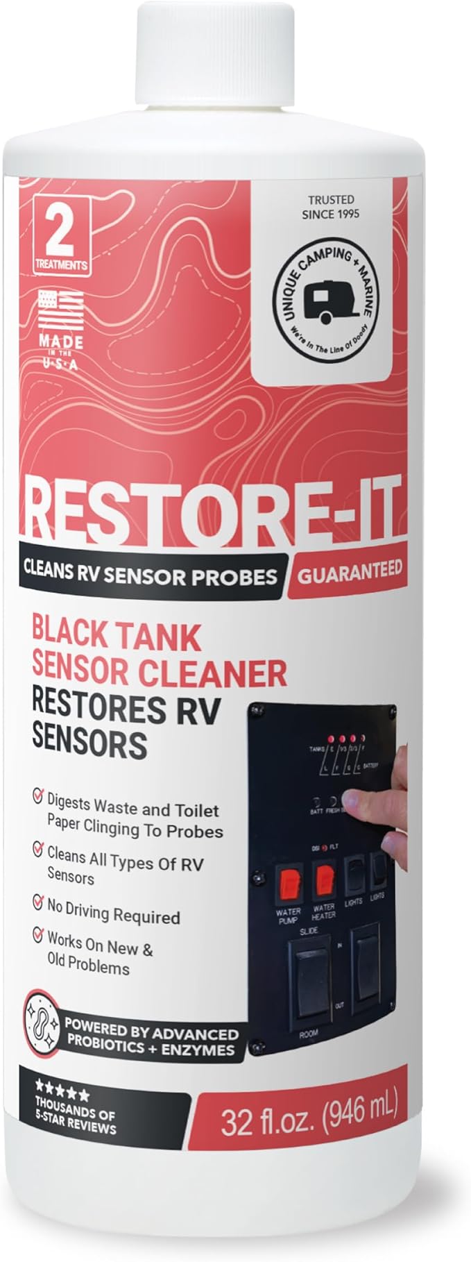 Unique Restore-It RV Sensor Cleaner Liquid – Cleans Dirty Sensor Probes for Misreading Black Tank Sensors – 2 Treatments (32 oz) Amazon-Exclusive Packaging